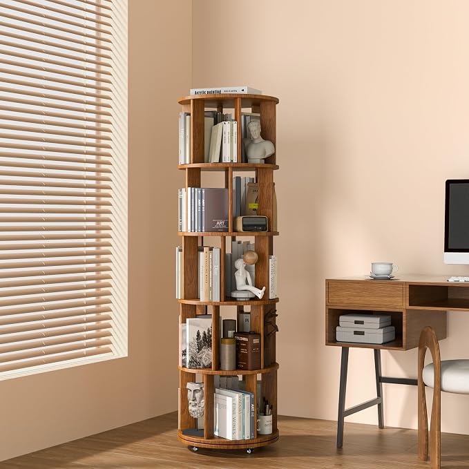 5-Tier Solid Wood Rotating Bookshelf on Wheels, 360° Spinning Book Shelf Tower, Round Revolving Bookcase Organizer, Rolling Bookshelves for Small Spaces, Corner, Bedroom, Kids Room, Office, Walnut