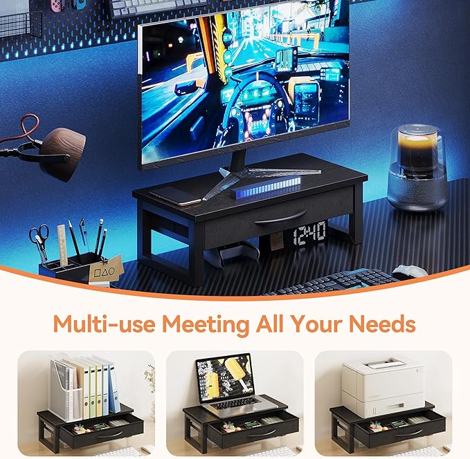 Computer Monitor Stand Riser, Desk Organizers and Accessories with Drawer, 2-Tier Laptop Stand for Desk, Office Organizer Storage, Wood