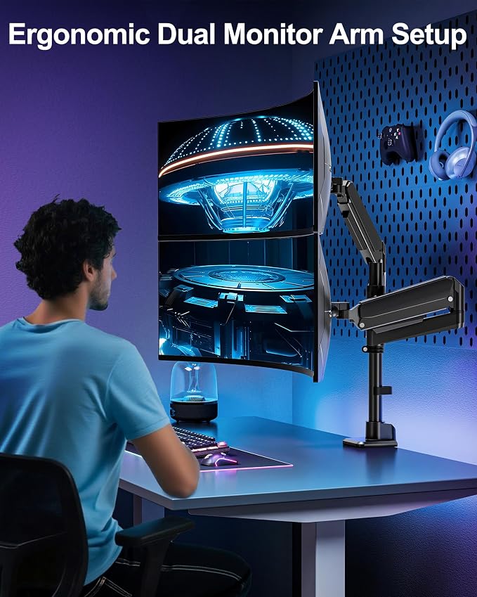MOUNT PRO Dual Monitor Arm for Max 49" Ultrawide Screens up to 44 lbs, Heavy Duty Extra Tall Monitor Desk Mount, Vertical Stacked Adjustable Dual Monitor Mount, VESA Mount 75x75mm/100x100mm