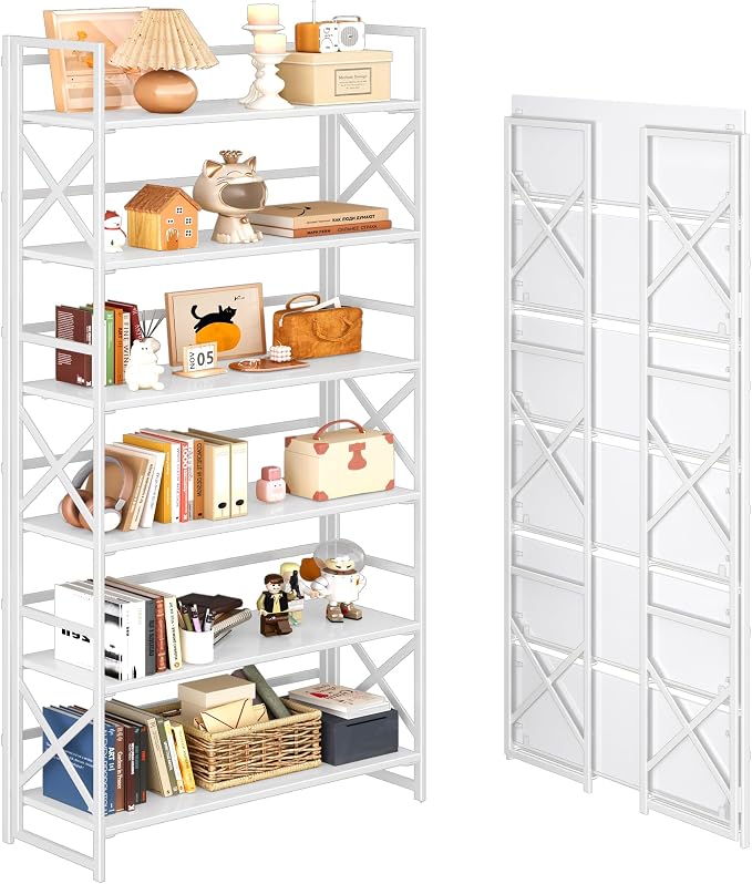 4NM Extra Wide 6 Tiers No Assembly Book Shelves, 61.8" H Folding Bookshelf Bookcase Open Industrial Foldable Shelves for Bedroom, Living Room, Home Office - All White