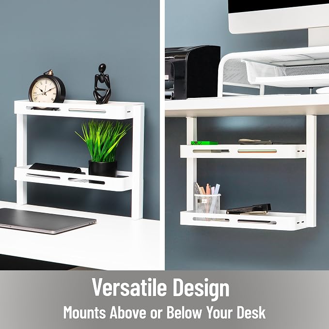 Mind Reader 2-Tier Desk Organizer with Clamp, Accessory Shelf for Office or Gaming, Office, Metal, White