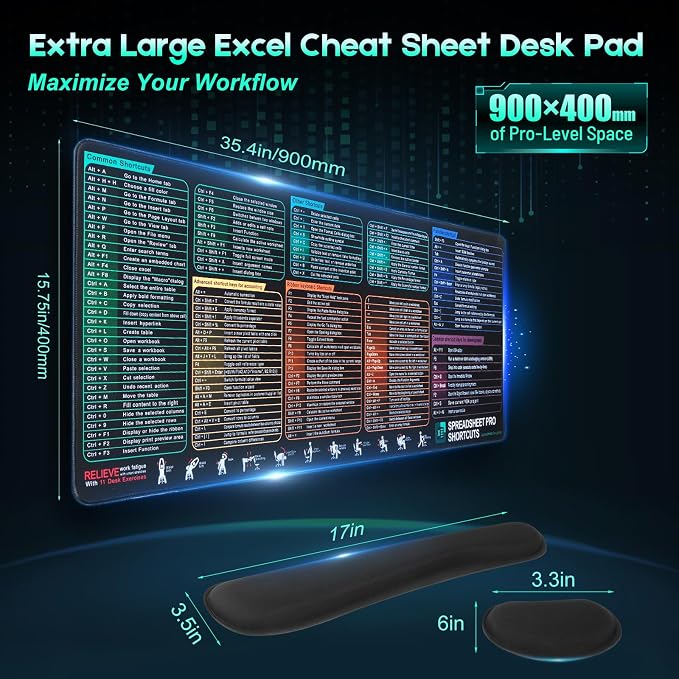 Excel Cheat Sheet Mouse Pad Set, 3-Piece XXL Excel Shortcut Desk Mat with Keyboard Wrist Rest & Mouse Wrist Rest, Non-Slip Spreadsheet Reference Pad for Office, Accountants, Students, Carbon Black