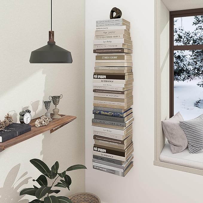 Mefirt Invisible Floating Bookshelves for Wall, 8 Tier Vertical Spine Book Tower, Heavy Duty Floating Book Shelves Metal Book Organizers for Home Office, 4 Pack(White)