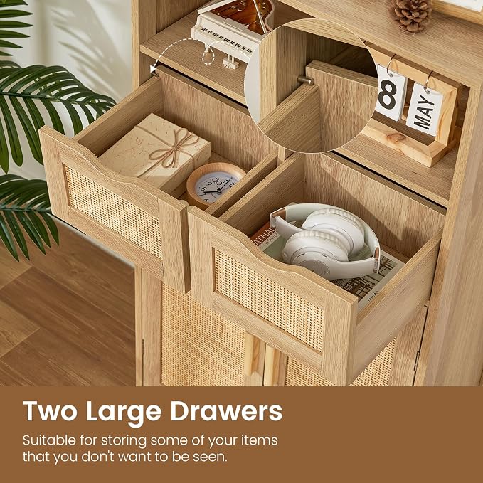 Iwell Storage Cabinet with 2 Drawers & Adjustable Shelves, Rattan Cabinet, Kitchen Pantry Cabinets, Cupboard for Living Room, Kitchen, Home Office, Natural SNG008NR