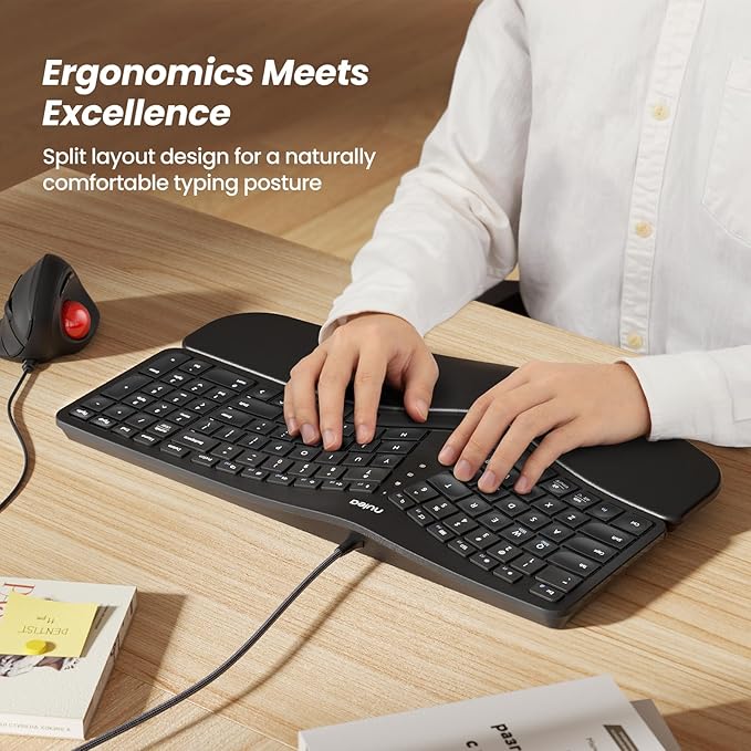 Nulea RT05C Wired Ergonomic Keyboard, Split Keyboard with Cushioned Wrist Rest, Adjustable Tilt Legs, Plug and Play, USB Corded, Compatible with Windows/Mac
