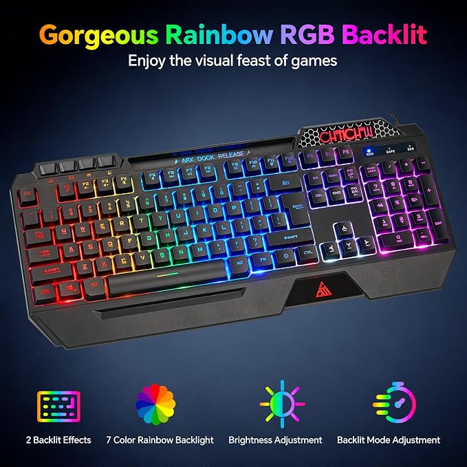 CHONCHOW Gaming Keyboard and Mouse Combo, USB Wired RGB Backlit Anti-Ghosting Silent Keyboard with Ergonomic Wrist Rest & Phone Holder, 7D 7200DPI Gaming Mouse for PC Gamer Xbox PS4 PS5 (RGB-Black)
