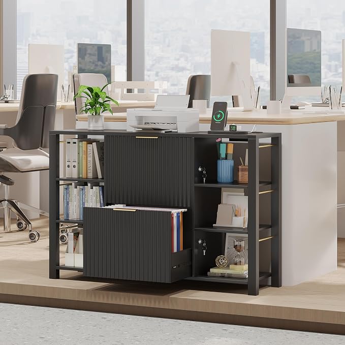 File Cabinet for Home Office, Fluted Filing Cabinet with Charging Station, 2 Drawers Fit Letter/Legal/A4 with Tabs, Printer Stand with Lock & 2 Power Outlets, 6 Shelves (2, Black)