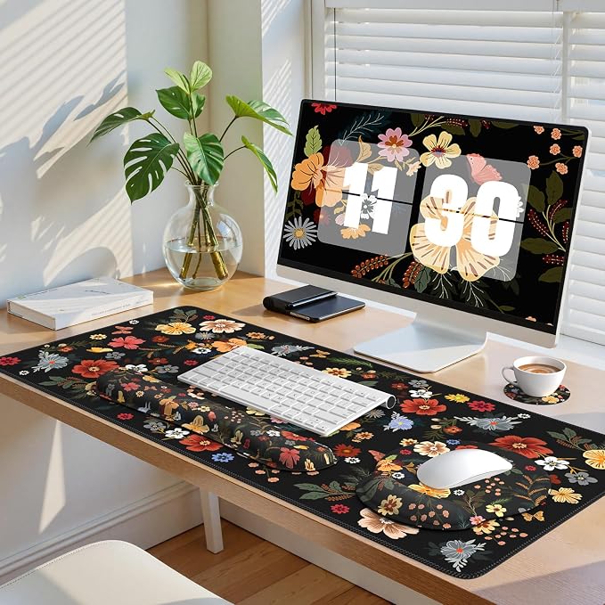 iCasso Desk Cover Mat, 4in1 Floral Large Mouse Pad with Wrist Rest, Desk Matt for Desktop, Anti-Slip XXL Big Computer Ergonomic Mousepad with Wrist Support for Keyboard and Mouse (Flowers)