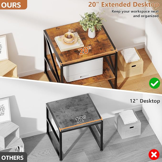 2-Tier Large Priner Stand with Storage Shelf, 20"×20" Under Desk Printer Table for Office, Mini Fridge Stand, End Table for Living Room, Heavy Duty Storage Rack for Scanner Fax Machine, Rustic Brown