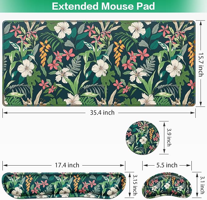 Desk Mat Floral, Large Gaming Mouse Pad with Wrist Rest, 4in1 XXL Mousepad+Keyboard Wrist Rest+Mouse Pad Wrist Support+Cup Coaster Set Ergonomic Computer Desk Arm Wrist for Decor Home Office Women