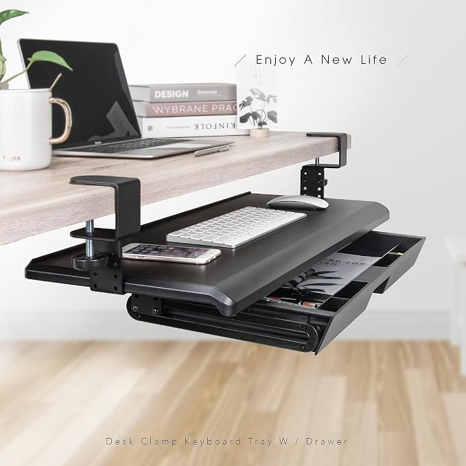 EHO Keyboard Tray with Drawer - Clamp On Under Desk Pull Out Extender Table Attachment Platform with Storage Organizer, Large 27.5" (31.8" Including Clamps) x 12.2", Height Adjustable for Home Office