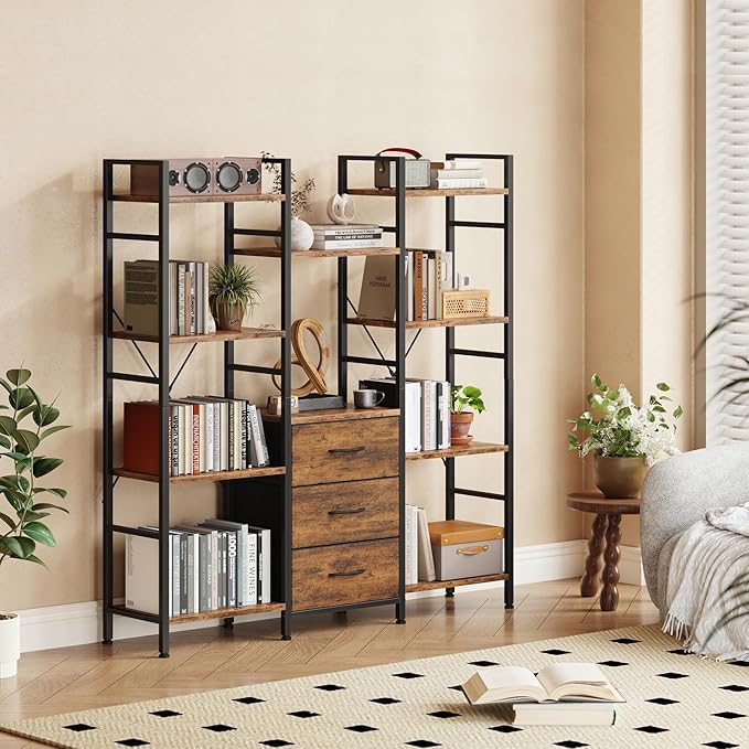 AFLUI Triple Bookshelf with 3 Fabric Drawers, 4-Tier Book Shelf and 10 Display Shelves, Industrial Large Bookcase for Home & Office, Rustic Brown, 47'' Wide