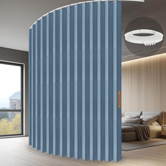 JILRON Accordion Partition Curtain with Ceiling Track - Space-Saving Room Divider, Tool-Free Installation(Blue 100" W x 108" L-Pack of 1)