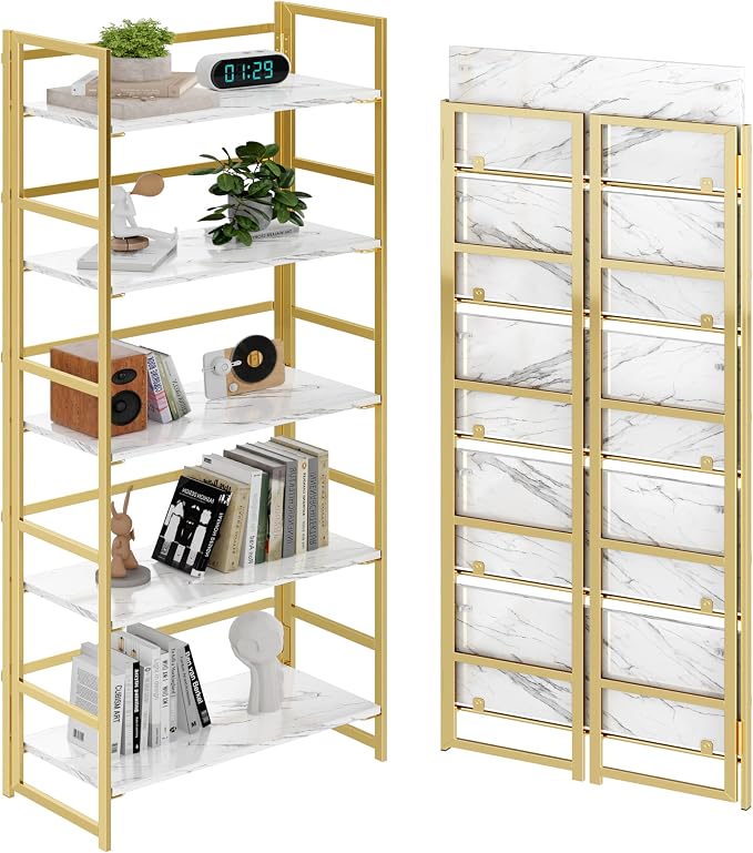 BHG No Assembly Folding Bookshelf for Living Room, 5 Tier Gold Collapsible Book Shelf for Home Office, Portable Bookcase Storage Organizer