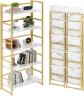 BHG No Assembly Folding Bookshelf for Living Room, 5 Tier Gold Collapsible Book Shelf for Home Office, Portable Bookcase Storage Organizer