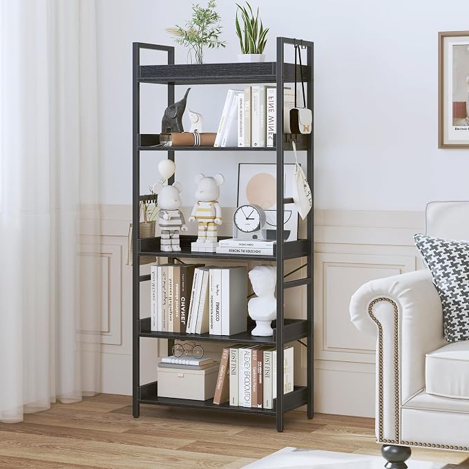 HCHQHS 5 Tier Bookshelf, Adjustable Industrial Bookcase, Vertical Tall Book Shelf, Wood and Black Metal Open Bookshelves for Home Office, Living Room, Bedroom