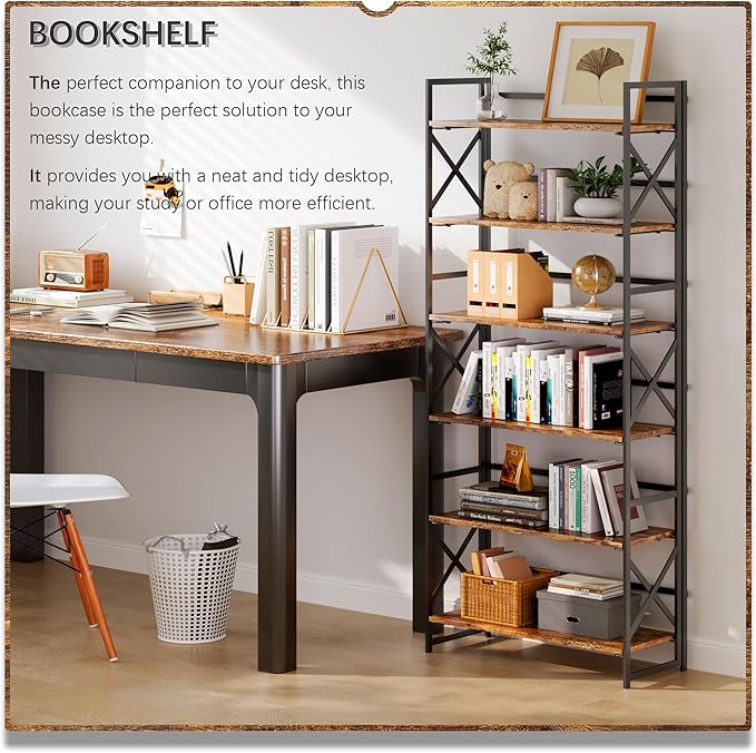 4NM 6 Tiers No Assembly Book Shelves, 61.8" H Folding Bookshelf Bookcase Open Industrial Foldable Shelves for Bedroom, Living Room, Home Office - Rustic Brown Black