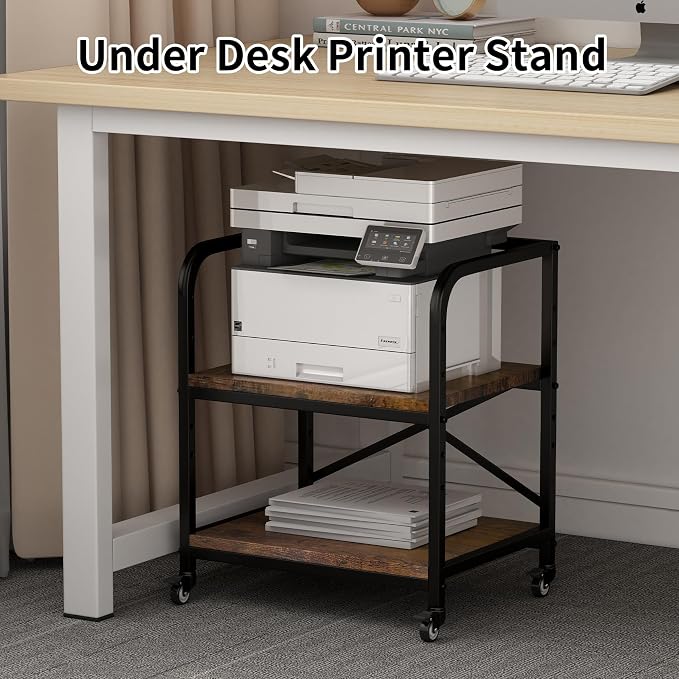 2 Tier Under Desk Printer Stand, Large Printer Table with Height Adjustable Shelf, Rolling Printer Cart with Industrial Wheels for Home Office, Scanner Fax (Rustic Brown)