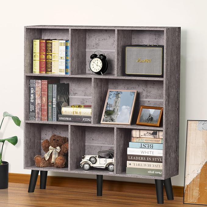 LEYAOYAO 8 Cube Bookshelf,Farmhouse Bookcase with Legs,Modern Dirty Grey Mid-Century Bookshelves,Large 3 Tier Open Storage Organizer Shelf, Retro Wood Display Book Case