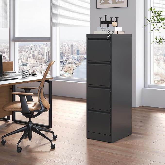 4 Drawer File Cabinet with Lock,Metal Vertical Filing Cabinets for Home Office,Heavy Duty File Storage Cabinet for Letter/Legal/A4/F4 Size File,Assembly Require (Black, Vertical 4 Drawer)