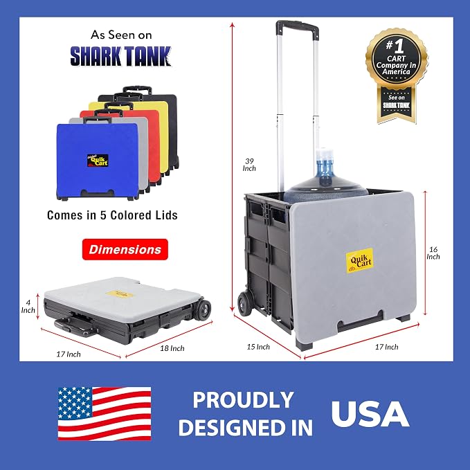 dbest products Quik Cart Collapsible Rolling Crate on Wheels for Teachers Tote Basket 80 lbs Capacity, Made from Heavy Duty Plastic and Used as a Seat, Grey