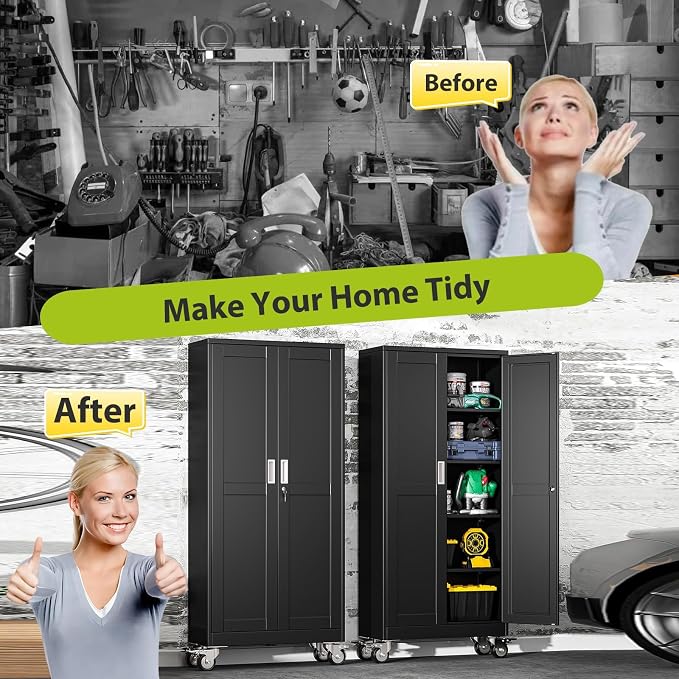 Metal Garage Storage Cabinet with Wheels, 74.8" H x 31.5" W x 15.7" D, Lockable Rolling Steel Tool Cabinet with Adjustable Shelves, Heavy Duty Garage Cabinet for Workshop, Basement, Home, Black