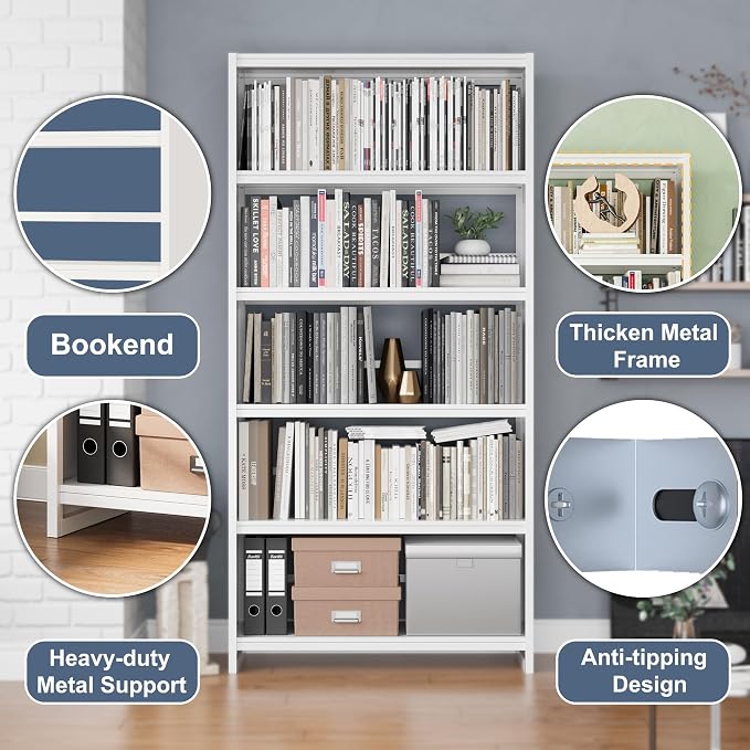 69" Tall Bookcase, 5-Tier Wide Bookshelf, Library Book Case with Display Shelf, Lightweight Metal Bookshelves, Industrial Book Shelf for Home, Office, Library, and School (White)