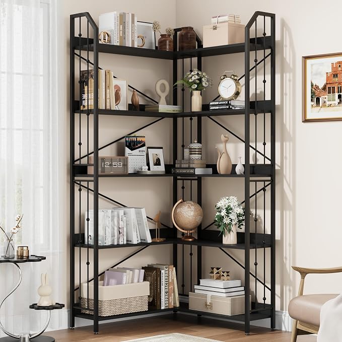 GarveeHome Corner Bookshelf 72" L Shaped Bookcase, Corner Bookshelves Industrial Bookcase 5 Tier L-Shape Bookshelf, Large Bookcases with Beaded Design Tall Display Rack Shelf for Living Room Bedroom