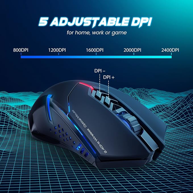 T-DAGGER Wireless Gaming Mouse- USB Cordless PC Accessories Computer Mice with LED Backlit, Ergonomic Gamer Laptop Mouse with 7 Silent Buttons, 5 Adjustable DPI Plug & Play for PC