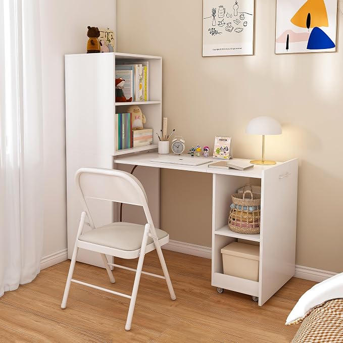 LUMISOL Fold Out Desk with Storage Shelves, Convertible Home Office Desk with Mobile Wheels, Hidden Desk with Storage, Space-Saving Workstation Design, White