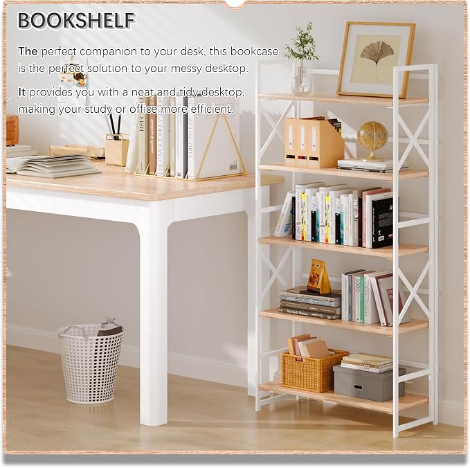 4NM 5 Tiers No Assembly Book Shelves, 51.2" H Folding Bookshelf Bookcase Open Industrial Foldable Shelves for Bedroom, Living Room, Home Office - Natural White