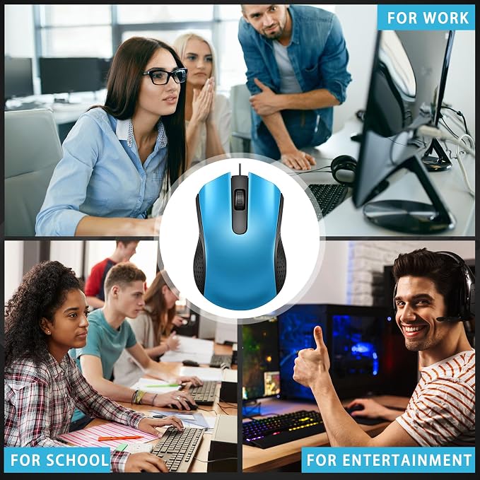 Hoteam 12 Pcs Light Blue Wired Computer Mouse Bulk Cord USB Computer Mice Ergonomic Wired Mouse for Pcs, Computers, Laptops, Gaming Office Home Supplies