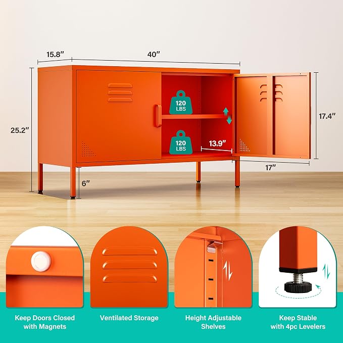 SISESOL Orange Metal Storage Cabinet with Doors and Shelves,2 Door Wide Metal Locker Accent Storage Cabinet with Leg & Vent Hole,Wide TV Cabinets,Low Side Cupboard for Home,Office,Dining/Living Room