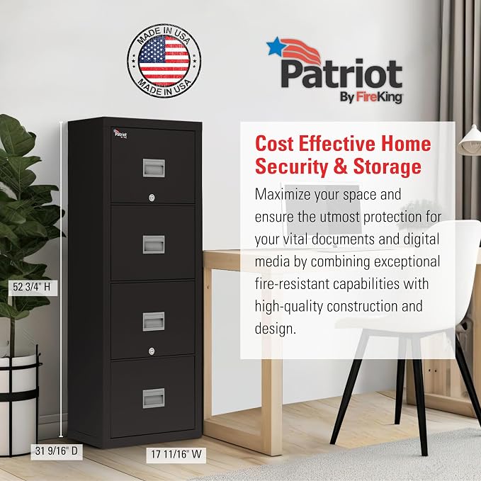 FireKing Patriot Vertical 4 Drawer Legal & Letter Fire Safe File Cabinet, Key Lock, 1 Hour Fire Rated UL Rated & Water Resistant, USA Made, Black