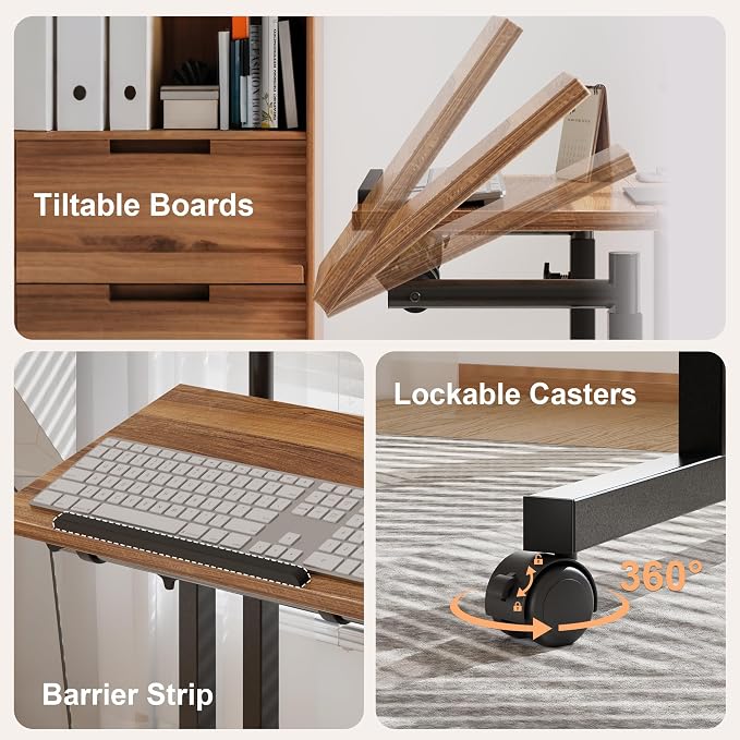 VECELO Mobile Small Standing Desk Adjustable Height, Computer Workstations with Tiltable Tabletop, Lockable Wheels, Portable Rolling Laptop Desk for Home Office, Brown