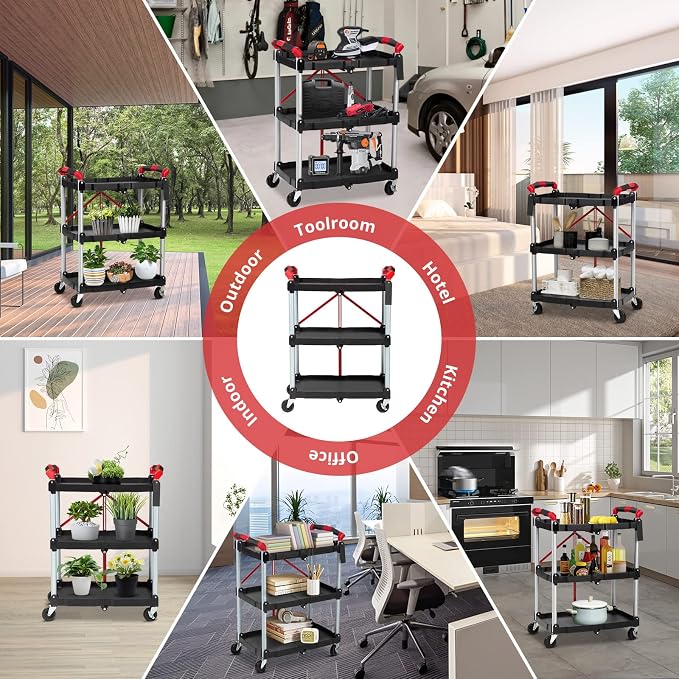 Folding Utility Service Cart, Collapsible Cart with Wheels, 3 Tier Rolling Utility Cart, Folding Cart with Wheels Collapsible, Service Cart for Tool, Grocery, Bar, Garage, Kitchen, Office