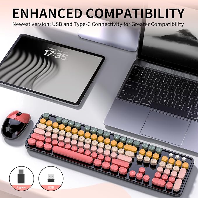 Wireless Keyboard and Mouse, MOFII 104 Round Keycaps Retro Typewriter with OTG & Brush, Full-Size Ergonomic, Ideal for Windows PC, Home, Office and College Rainbow Red