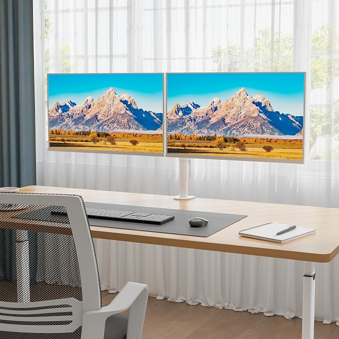 BONTEC Dual Monitor Desk Mount, Full Motion Adjustable White Monitor Stand for 13–27 Inch Screens, Heavy Duty Arms Hold 22 lbs Each, VESA 75x75/100x100, C Clamp and Grommet Base, Cable Management