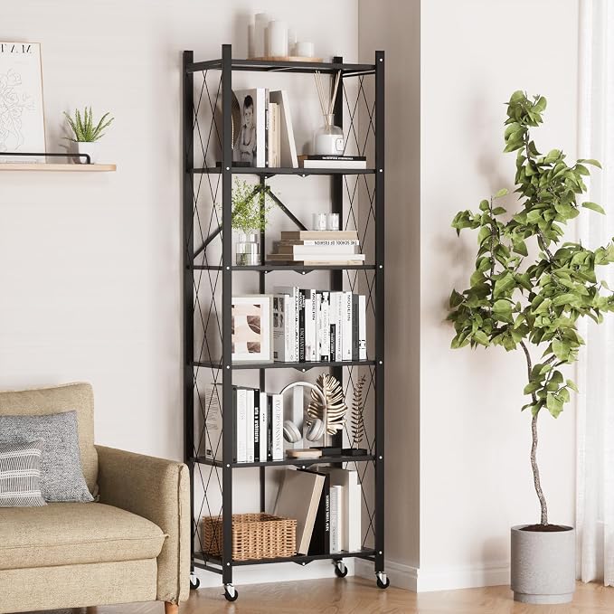 ALANNG 73.6 Inch Folding Bookshelf, 6 Tier Metal Bookcase and Bookshelves, Tall Shelves for Living Room Office Bedroom, Heavy Duty Book Shelve Free Standing Open (Black, 4PACK)