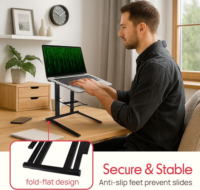 Pyle Portable Folding Laptop Stand - Foldable Laptop Stand with Adjustable Height, Secondary Accessory Tray for iPad, Tablet, DJ Mixer, Workstation, Gaming, Home Use and Carrying Bag Included