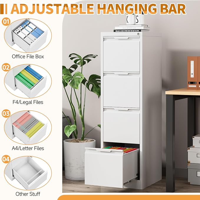 4-Drawer Metal File Cabinet with Lock,Steel Printer Stand with Storage for Home Office,Vertical Filing Cabinet for Legal/Letter/A4 Files,Assembly Required