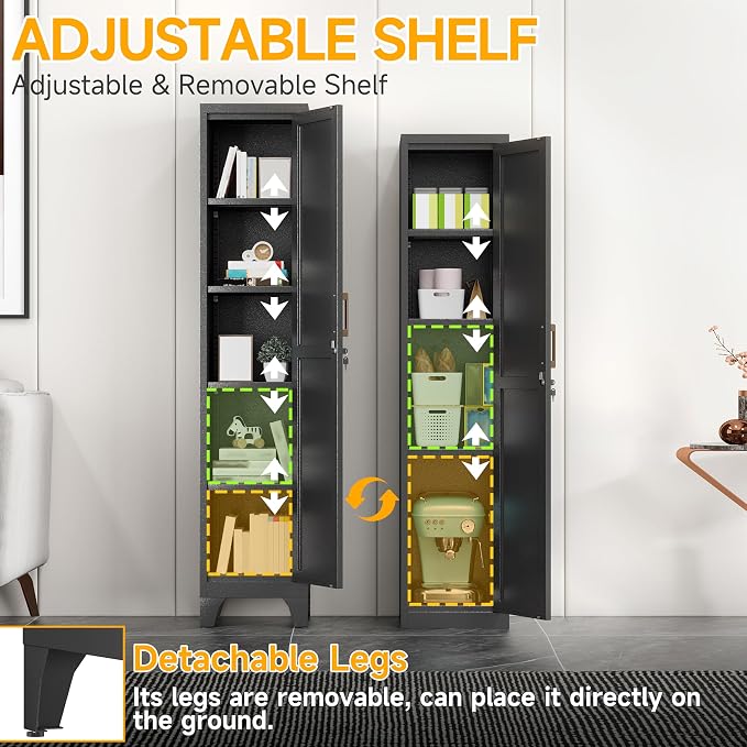 67"H Black Metal Locker with 1 Lockable Door and 4 Adjustable Shelves For Employees, 5 Tier Thin Storage Cabinet with Detachable Legs and Gold Handle for Kitchen,Office,Gym,School,Easy Assembly 2Pcs