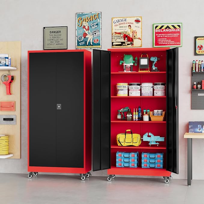 SISESOL 75" Tall Metal Storage Cabinet with Wheels,Rolling Garage Storage Cabinet with Lock,Red Metal Cabinets on Wheels,Locking Tool Cabinets on Wheel for Garage,Home,Office,Shop