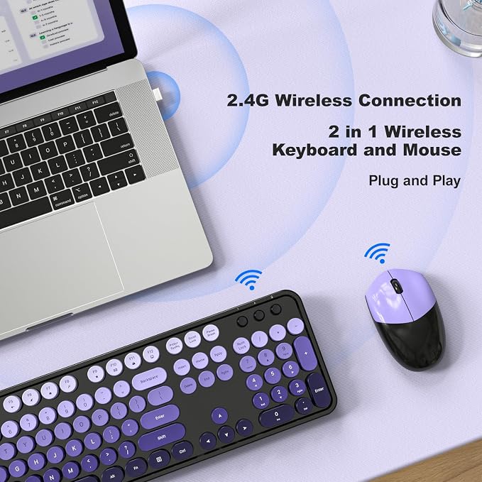 Wireless Keyboard and Mouse Combo, 2.4GHz Retro Full-Size Typewriter Keyboard with Number Pad and Wireless Mouse for PC/Laptop/Desktop/Windows (Black Purple Colorful)