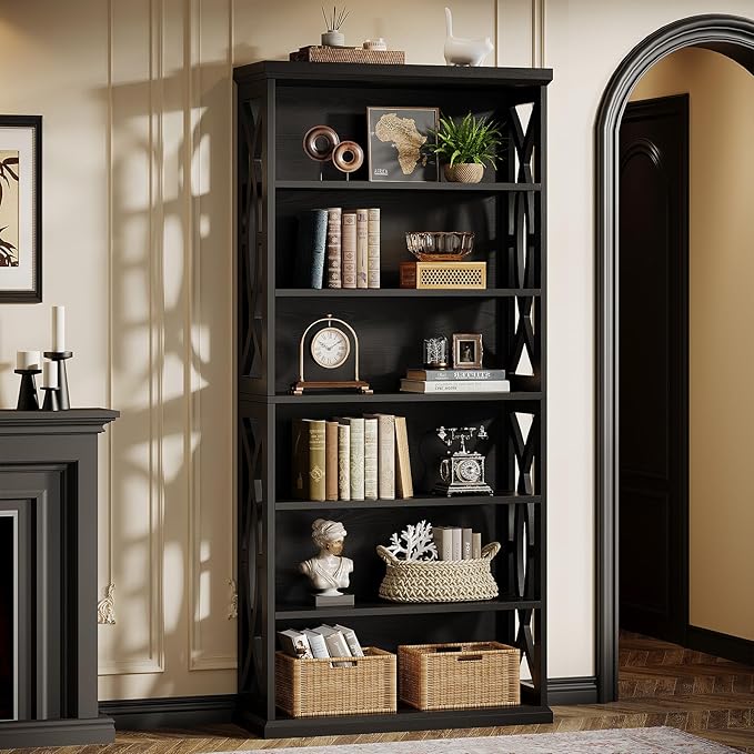 Tribesigns 6-Tier Bookshelf, 71 Inches Tall Freestanding Bookcase, Large Industrial Bookshelves Display Shelves, Wooden Book Shelf for Home Office, Living Room, Bed Room, Black, 2pcs