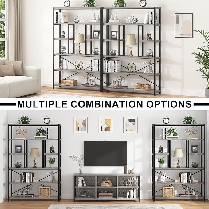 LVB Industrial 6 Tier Bookshelf, Large Tall Open Rustic Vintage Etagere Bookcase, Gray Big Wide Modern Farmhouse Wood and Metal Book Shelf for Home Bedroom Living Room Office Storage, Light Grey Oak
