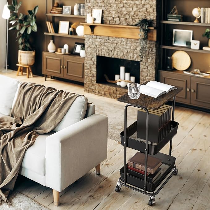 Simple Houseware 2-Tier Rolling Utility Cart with Lockable Wheels and Wood Top, Metal Storage Organizer Trolley for Kitchen, Bathroom, Office, Craft Room, Rustic Brown