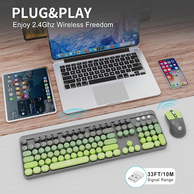 FOPETT Wireless Keyboard and Mouse Combo, 104 Keys Full-Sized 2.4 GHz Round Keycap Colorful Keyboards, USB Receiver Plug and Play, for Windows, Mac, PC, Laptop, Desktop (GreyGreen)