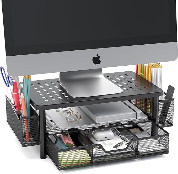 eVoomi FlowMax Ergonomic Desk organizer Computer Monitor Stand -Improved XL Desk Drawer, File Paper Pencil Holders - Pro Posture Eye-Level Tension Relief - Anti-Slip Home Office Supplies Storage Stand for Laptop Monitor or Printer