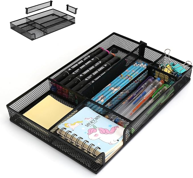 Desk Drawer Organizer Tray, 4 to 6 Grid Drawer Divider with 2 Adjustable Compartments, Metal Mesh Desk Organizer for Stationery Makeup Kitchen Toolroom School &Office, 12.6x8.26x1.57 in,1 PC